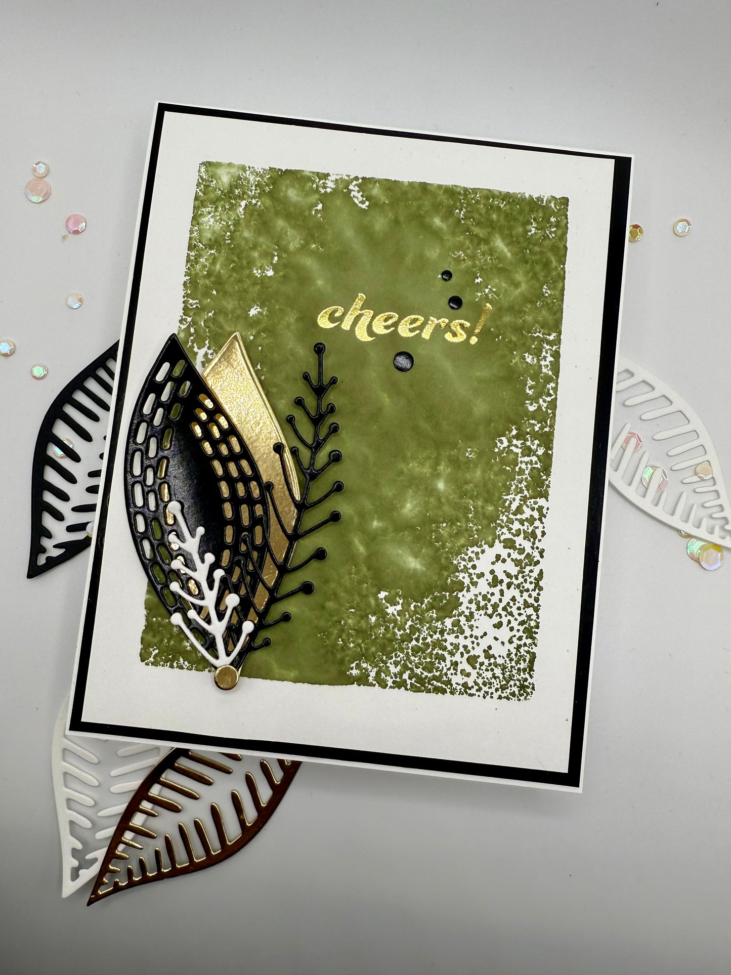 Green block inked background with leaves